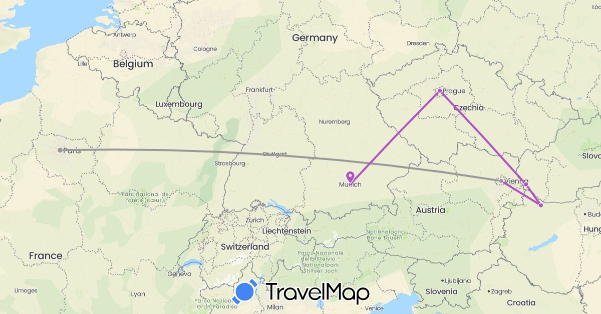 TravelMap itinerary: driving, plane, train in Austria, Czech Republic, Germany, France, Hungary, Slovakia (Europe)